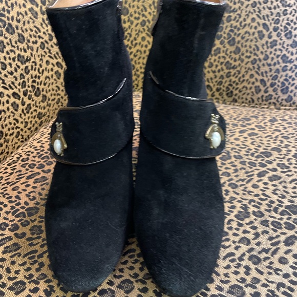 Boutique brand black suede booties with bee and “pearl” detail - Picture 2 of 5